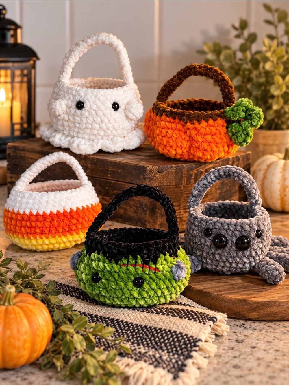 Handmade Crochet Halloween Treat Baskets - Assorted Colors